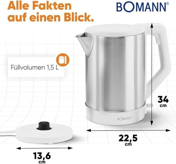⁦Bouilloire  en Acier - Bomann 1,5 Litre Inox/Blanc-WK5024B⁩ - الصورة ⁦5⁩