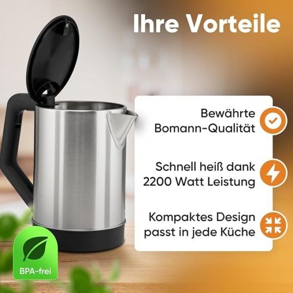 ⁦Bouilloire  Bomann  en Acier -1,5 Litre Inox/noir - 2200 Watts-WKS 3002 CB⁩ - الصورة ⁦3⁩